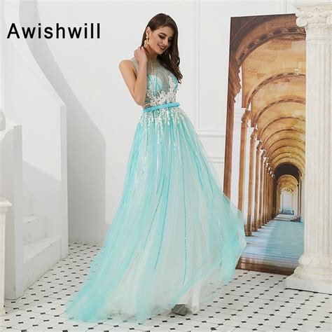 Sexy See Through Long Prom Dresses 2019 Sequins Tulle Floor Length