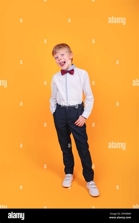 Full Body Portrait Of Smiling Little Boy In Shirt With Bowtie Posing