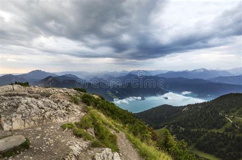 Panoramic View From Herzogstand Mountain And Lake Walchensee In Bavaria