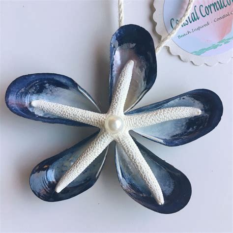 Seashell Beach Christmas Ornament, Blue Mussel Shell Ornament, Starfish Ornament, Coastal ...