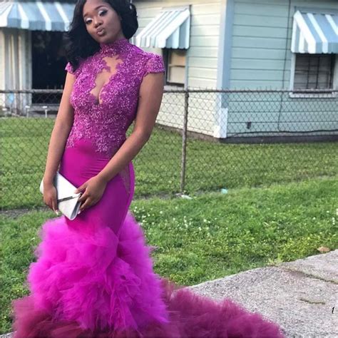pretty fuchsia mermaid prom gowns sexy backless evening gowns appliques beaded aso ebi 2018