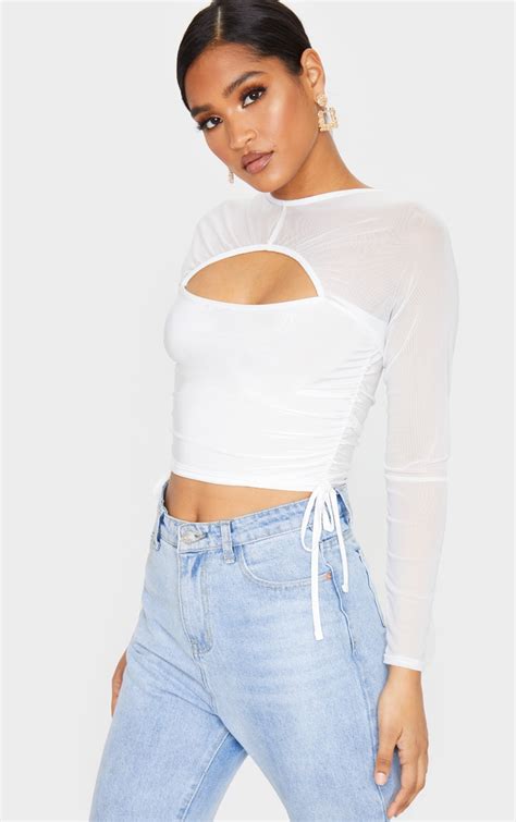 White Mesh Cut Out Detail Crop Top Tops Prettylittlething Ie