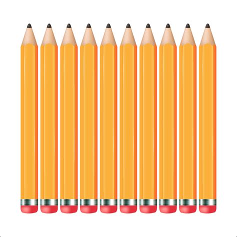 10 Similar Yellow Pencils With Rubber Stationery Isolated On The