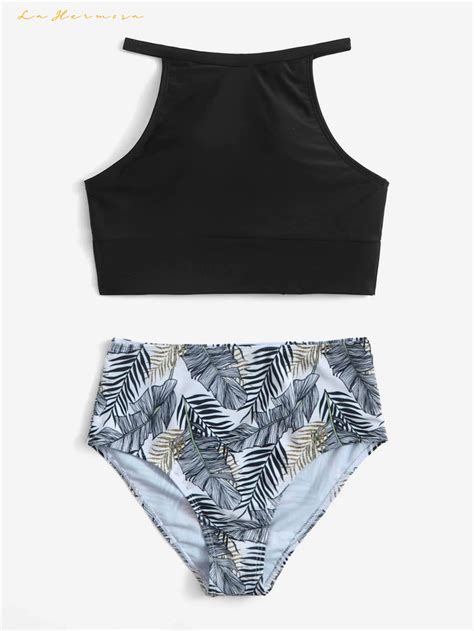 Designer Bikinis Two Piece Leaf Print Swimsuit Black Multicolor
