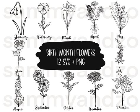 Birth Month Flower Svg Hand Drawn Botanical Clipart Floral Etsy Canada