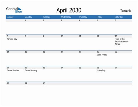 Editable April 2030 Calendar With Tanzania Holidays