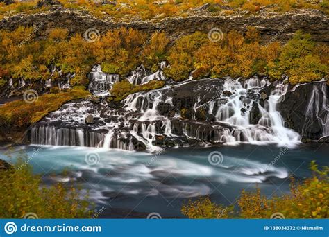 Hraunfossar Waterfall In Iceland Autumn Colorful Landscape Stock Photo