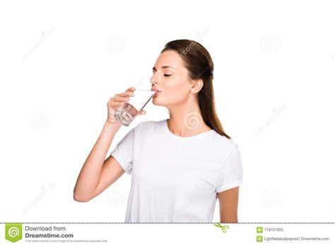 Portrait Of Young Woman Drinking Water From Glass Stock Photo Image