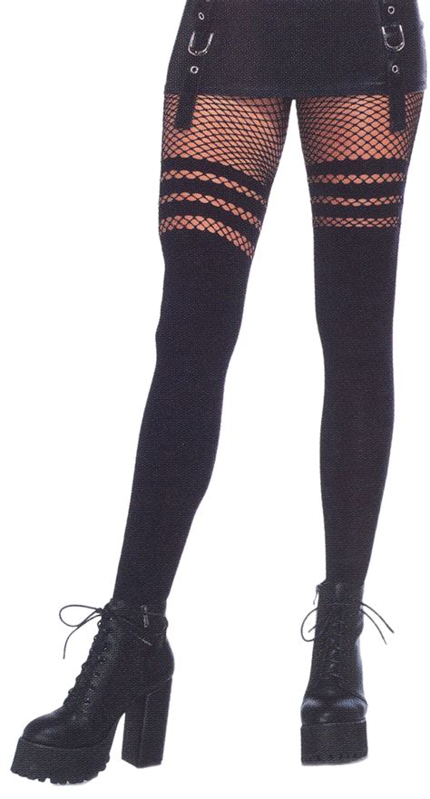 Opaque Faux Thigh High Stockings With Striped Fishnet Thigh Thigh
