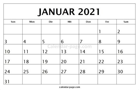 Geeignet für wochenplanung und schnelle wochenübersicht. Kalender Januar 2021 Drucken | Kalender 2021 Zum ...