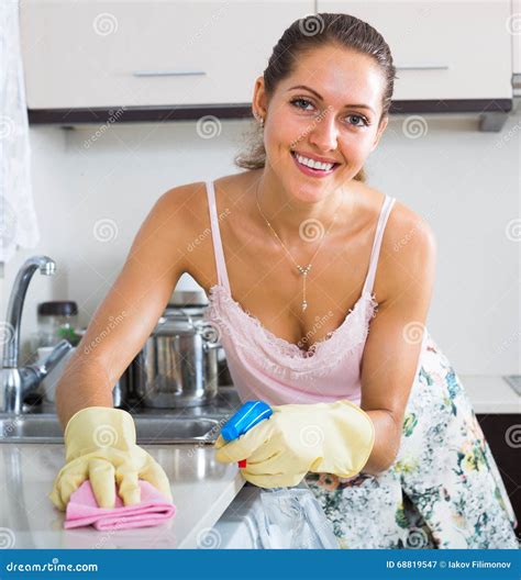 Housewife Cleaning On The Kitchen Stock Image Image Of Happy American 68819547