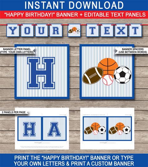 All Star Sports Party Banner Template Birthday Banner Editable Bunting