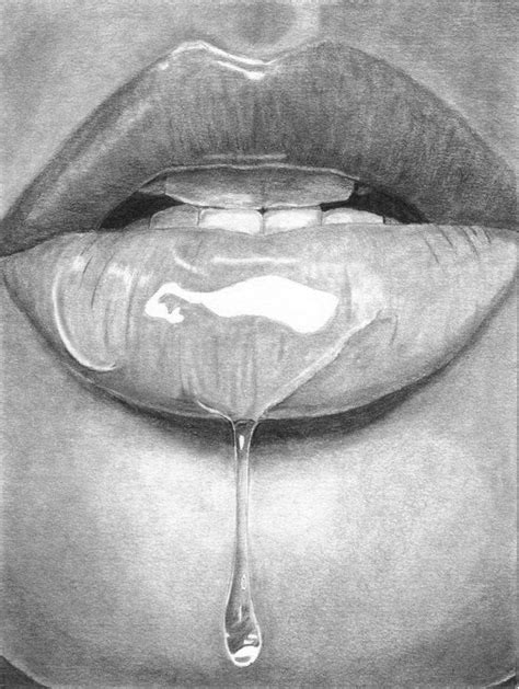 A Pencil Drawing Of A Womans Lips With Water Dripping From The Lip To