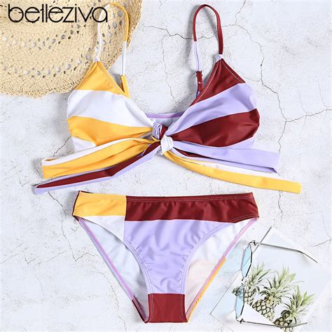 Belleziva Sexy Push Up Swimsuit Strappy Color Blocking Bikini Set