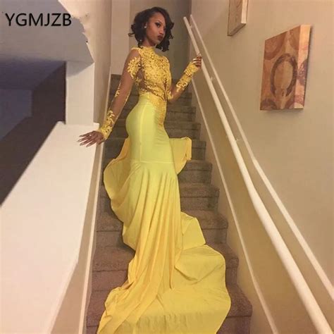Elegant Mermaid Yellow Prom Dress Long Sleeves 2019 High Neck Lace Aso