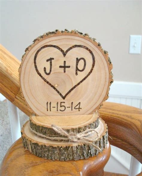 Rustic Wood Cake Topper Wedding Heart Initials Personalized Romantic