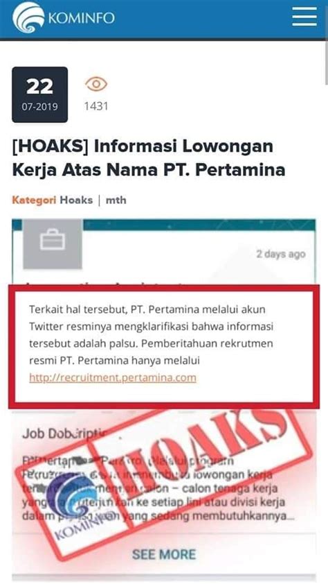 Nama perusahaanall companypt pertamina (persero)pt pertamina eppt pertamina gesubholding 08.04.2021 · pertamina training & consulting kembali membuka lowongan kerja terbaru pada bulan april tahun 2020, untuk mencari calon karyawan yang. SALAH Lowongan Kerja PT Pertamina (PERSERO) - TurnBackHoax
