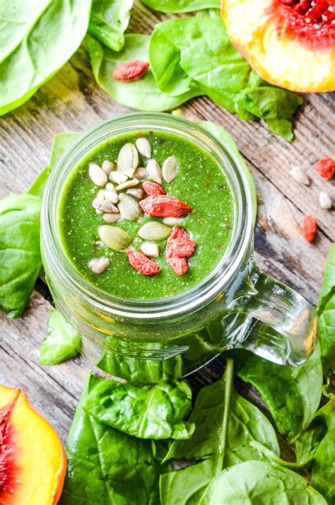 To counteract the bitterness or earthiness that some greens have, make. Super Healthy Spinach and Peach Smoothie - Larder Love