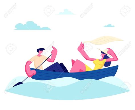 Young Happy Couple Of Man And Woman Floating Boat At Water Surface