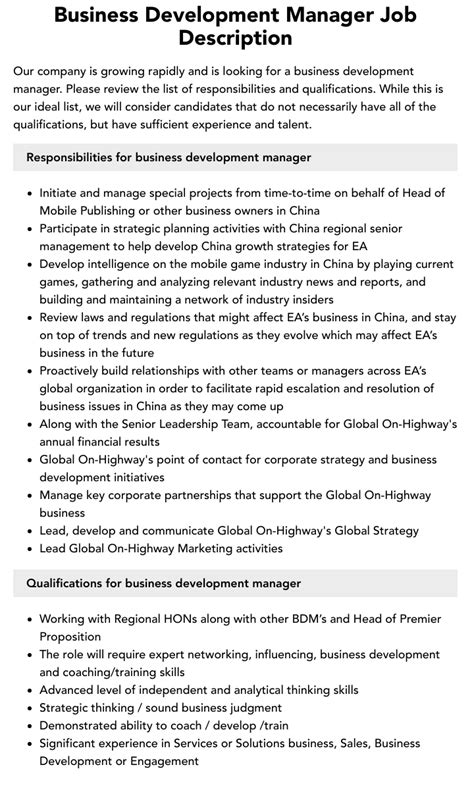 Business Development Manager Job Roles And Responsibilities