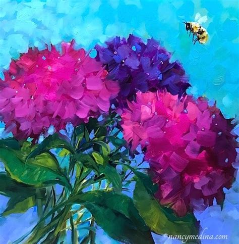 All Abuzz Pink Hydrangeas And Solo Bee By Artist Nancy Medina On