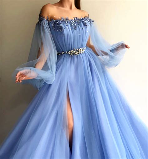 Blue Prom Dress Flare Sleeve Prom Dress Beaded Prom Dress 3d Flowers