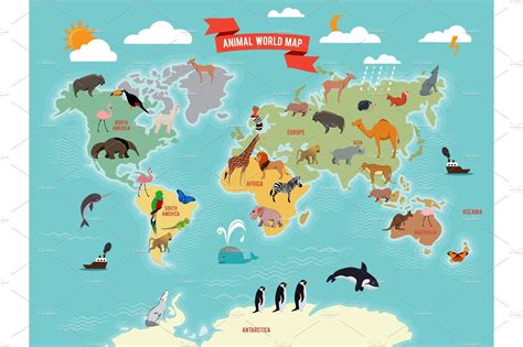 Illustration Of Wildlife Animals On The World Map Vector Illustrations