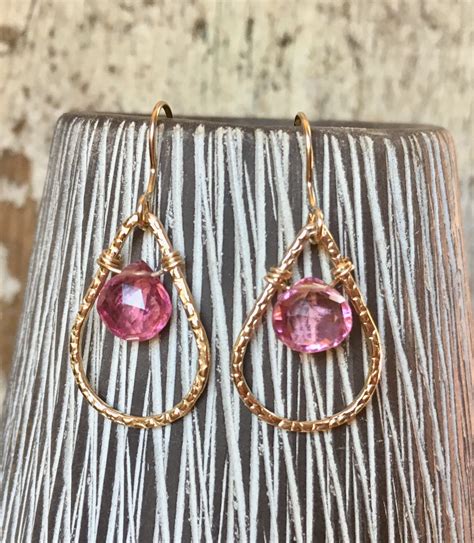 Pink Tourmaline Gemstone Gold Hoop Dangle Earrings Etsy Gemstone
