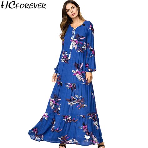 boho floral plus size autumn maxi women dress long sleeve blue floor length bohemian 3xl 4xl