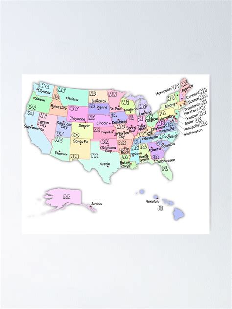 Usa Map With State Abbreviations And Capital Cities Names Poster For