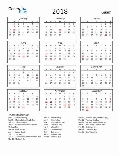 Free Printable 2018 Guam Holiday Calendar