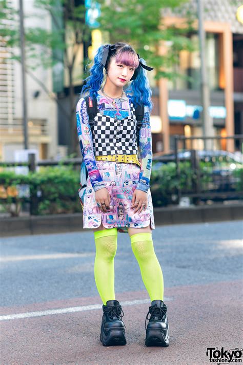 harajuku girl s graphic street style w blue twin tails checkered top manga skirt neon