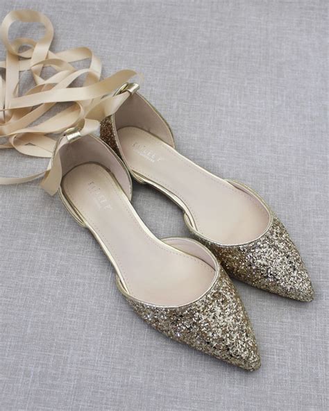 Gold Rock Glitter Pointy Toe Flats With Satin Ankle Tie Or Etsy