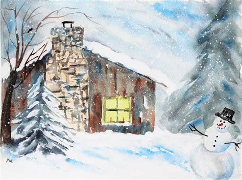 Snowy Cozy Cabin Watercolor Print Christmas Painting Etsy