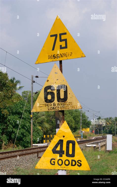 Railway sign board regarding speed limit for various Trains including ...