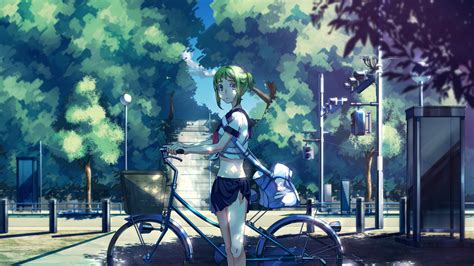 Green Haired Anime Girl Student Holding A Bicycle Hd Wallpaper