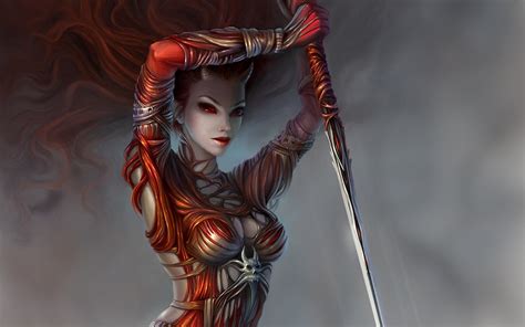 Demon Girl Spear Art Horns Weapons Wallpapers Hd