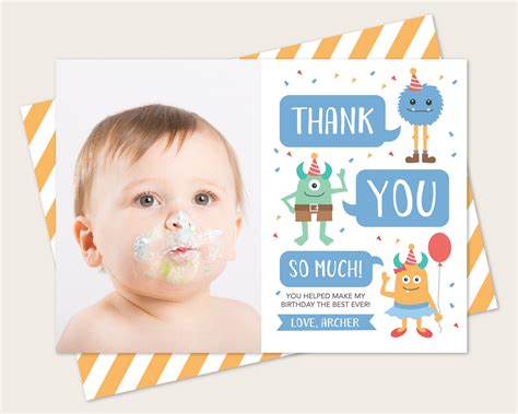 Monster Birthday Thank You Card With Photo Little Monster Etsy
