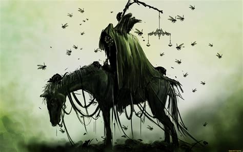 Horse Drawing Death Grim Reaper Bugs Green Dark