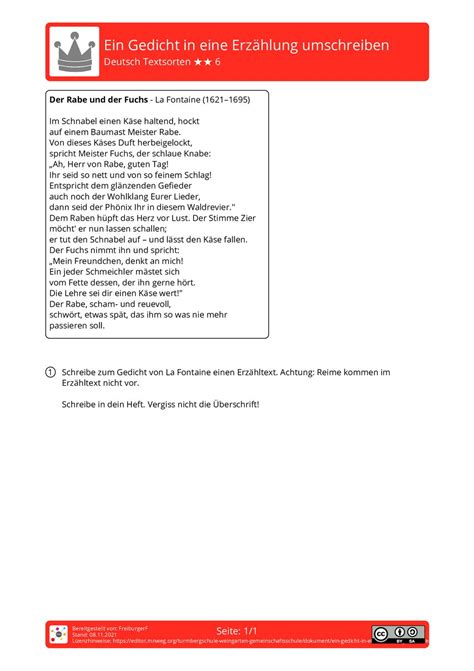 arbeitsblatt ein gedicht in eine erzählung umschreiben deutsch textsorten