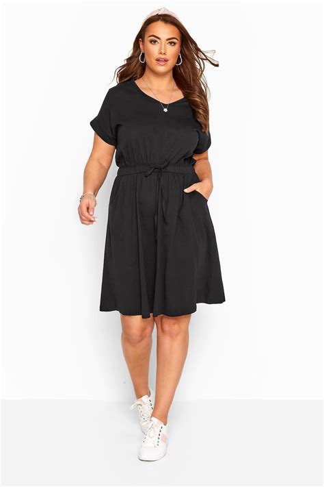 Black Jersey T Shirt Dress With Drawstring Waist Plus Size 16 To 36