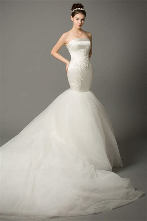 Fit And Flare Strapless Satin Tulle Mermaid Wedding Dress With Long Train
