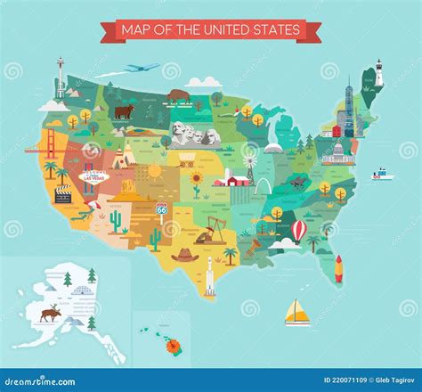 Usa Tourist Map With Famous Landmarks And State Names Stock Vector
