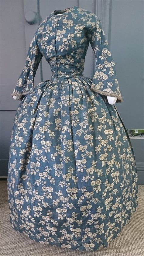 Stunning 1840s Silver Blue Silk Brocade Dress 18th Century Silk