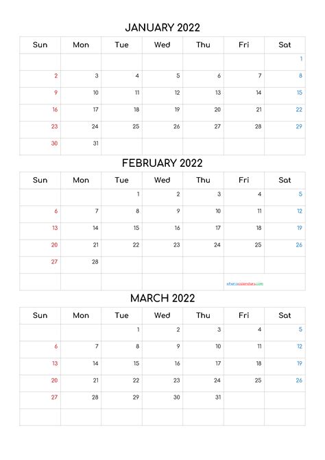 Free January February March 2022 Calendar Template Codecomf4