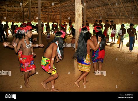 Embera Indians In Traditional Clothing Dancing In Village Parar Paru On The Chagres River