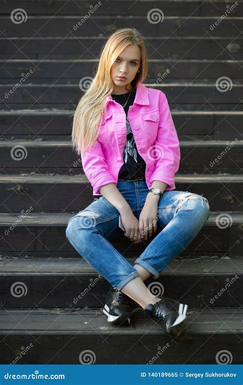 alluring blonde posing outdoors stock image image of nice black 140189665