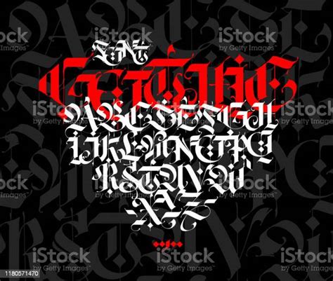 Gotische Stijl Alfabet Letters En Symbolen Op Een Zwarte Achtergrond