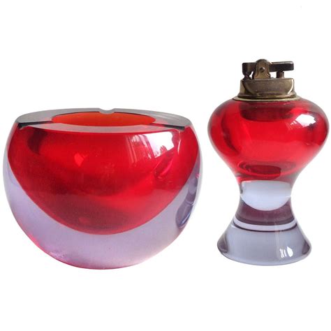 Cenedese Murano Red Purple Alexandrite Italian Art Glass Ashtray Lighter Set Glass Art