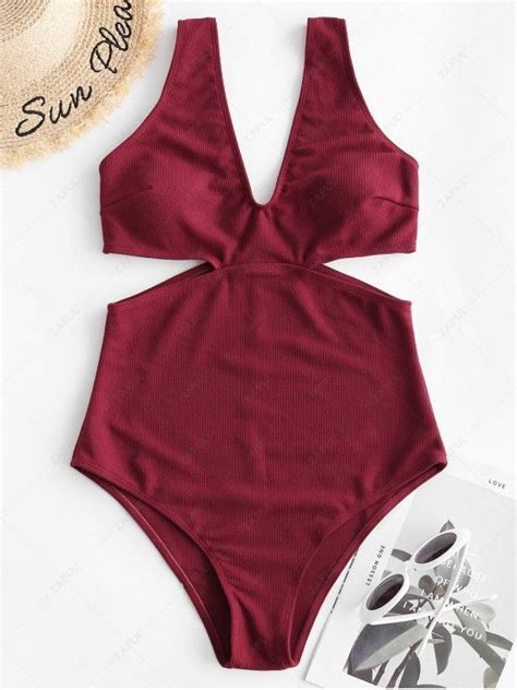 28 Off 2021 Zaful Ribbed Cutout One Piece Swimsuit In Red Wine Zaful